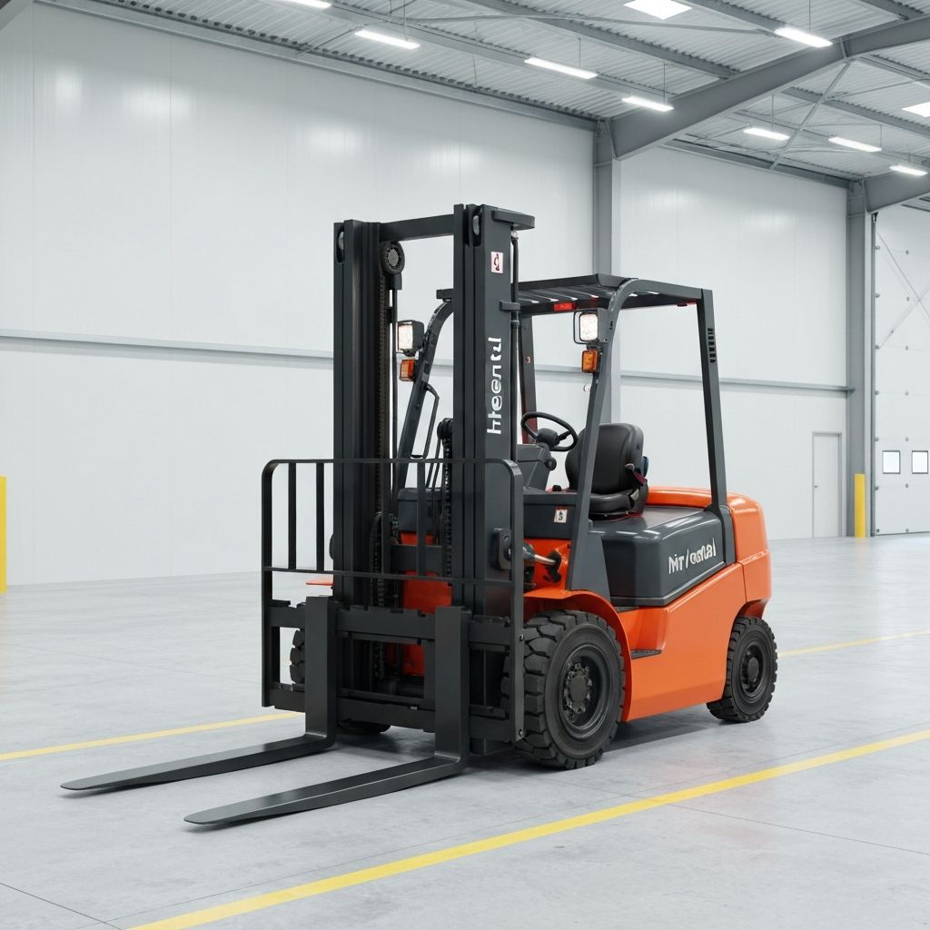 Orange hire forklift ready for use in a clean industrial warehouse
