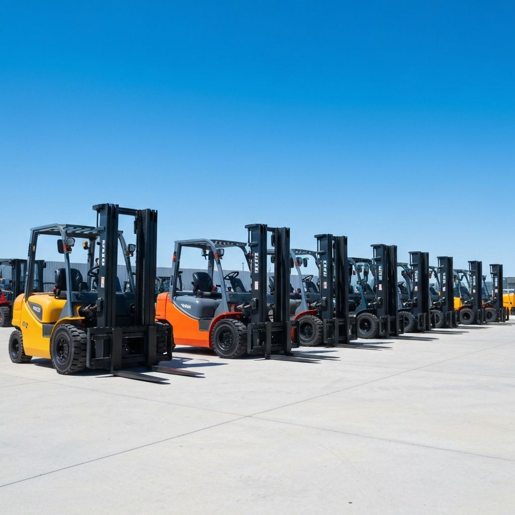 Row of new forklifts parked on a dealer yard — LPG, diesel and electric models