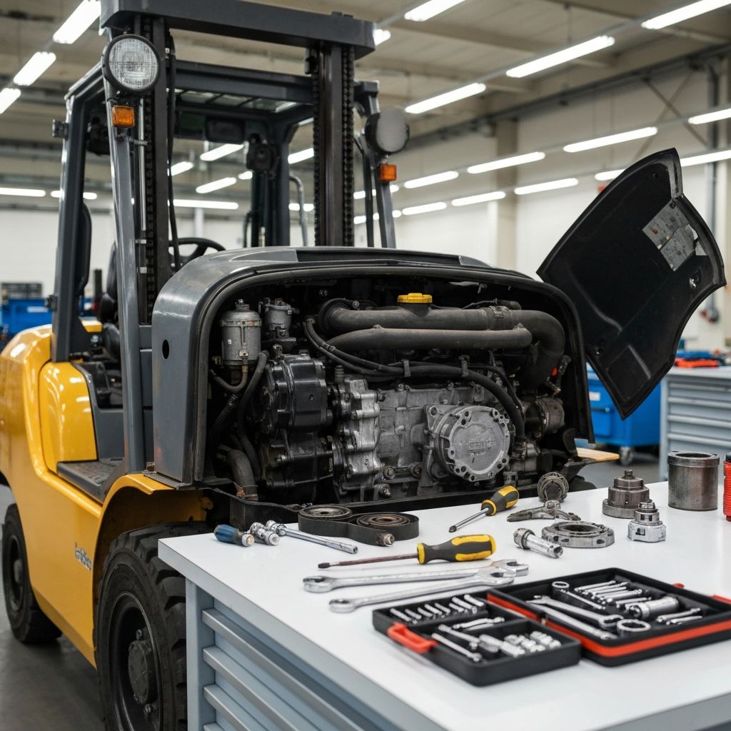 Forklift engine bay open for maintenance in a well-lit workshop