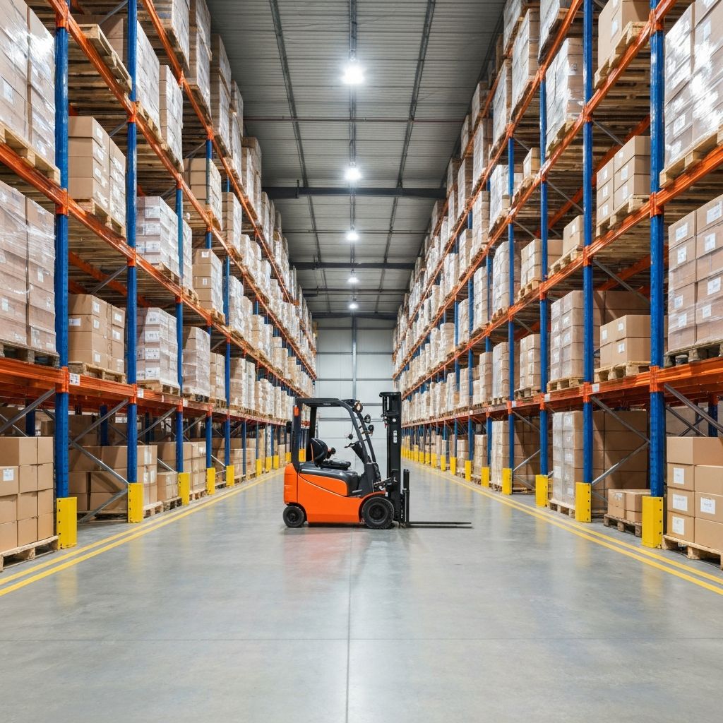 Forklift operating in a large modern warehouse