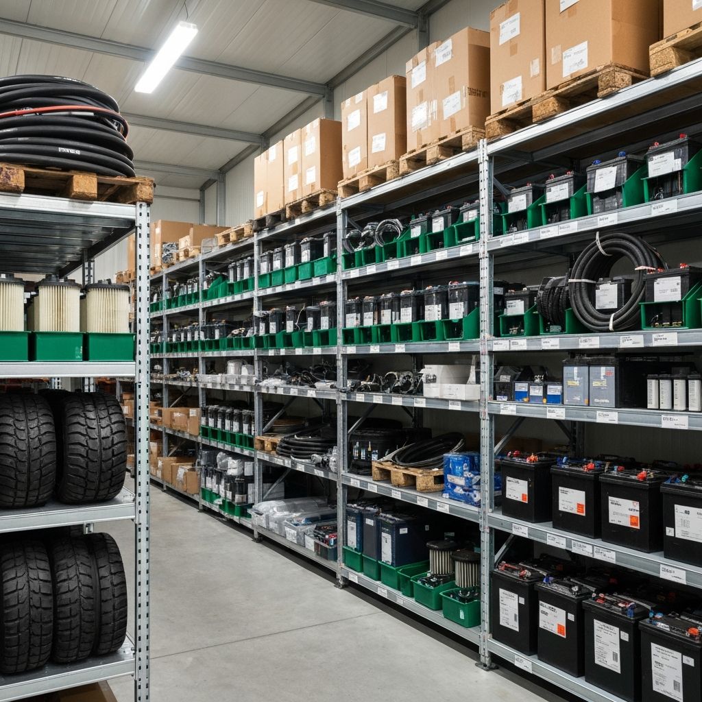 Organised forklift spare parts on shelving — tyres, filters, hydraulic components