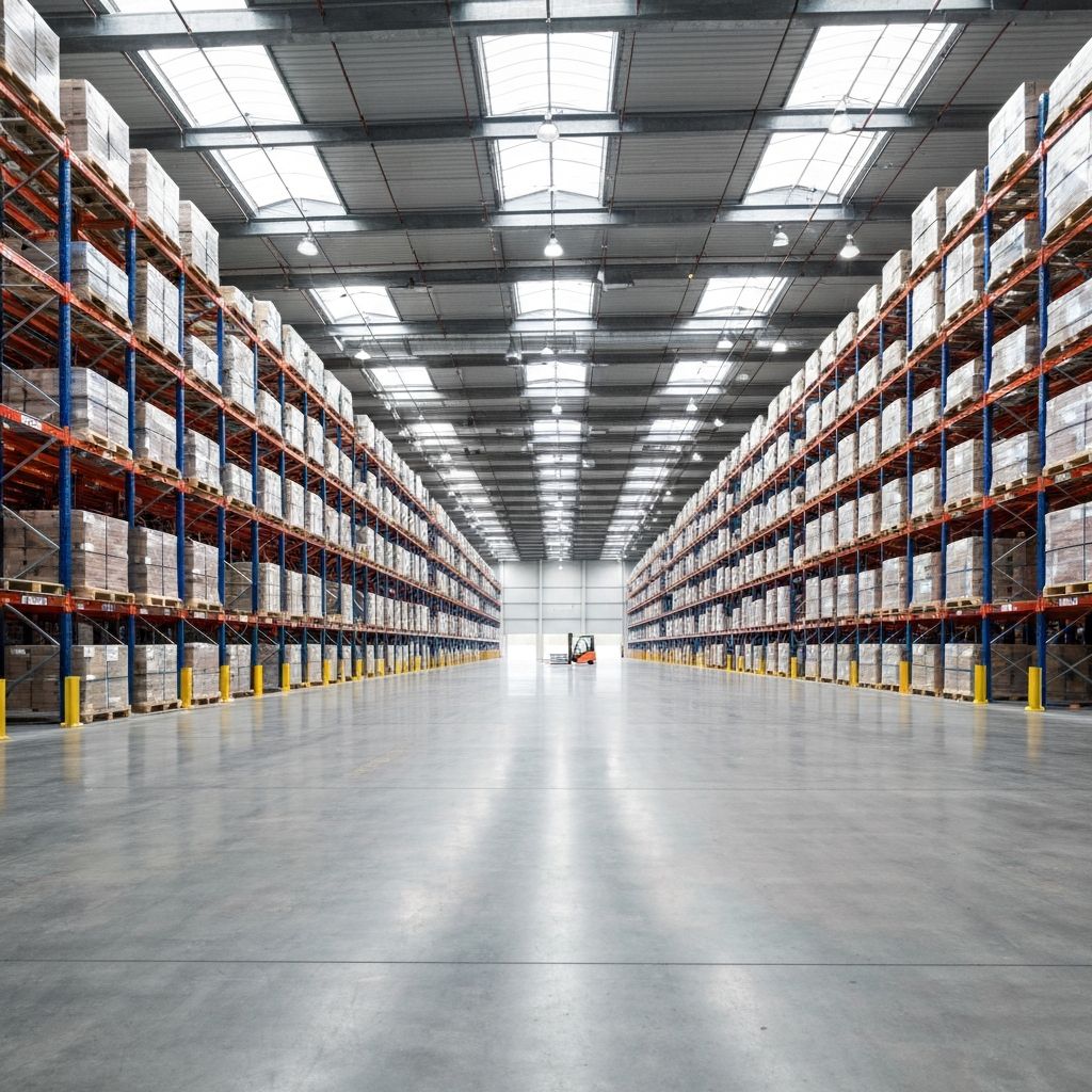 Large modern distribution warehouse with high-bay racking — representative of clients served by National Lift Trucks
